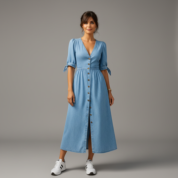 Buttoned Denim V-Neck Dress