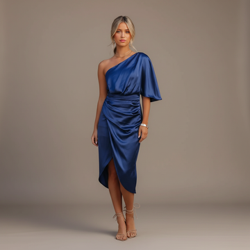 One-Shoulder Draped Satin Midi