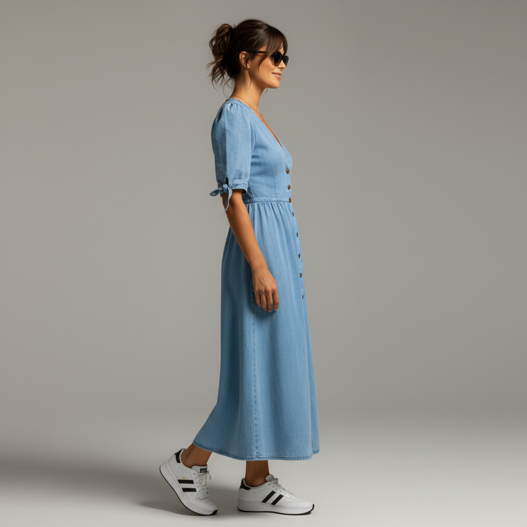 Buttoned Denim V-Neck Dress