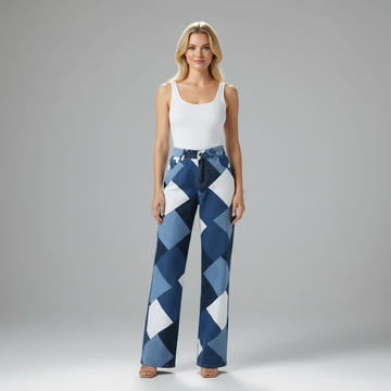 High Waist Checkered Denim Jeans