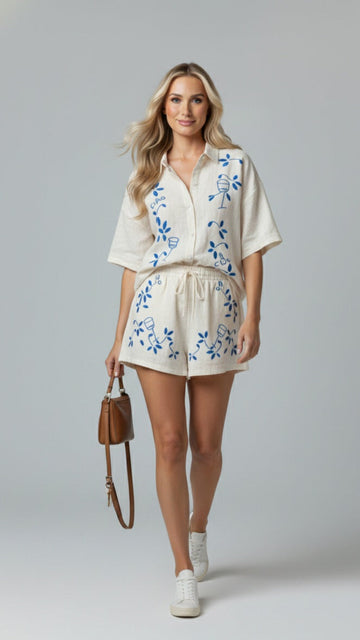 Embroidered Linen Shirt and Tie Waist Shorts Set