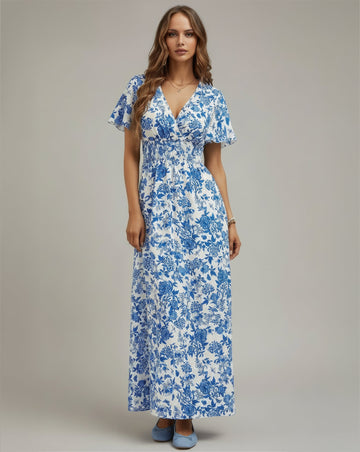 Smocked V-Neck Side-Slit Maxi Dress