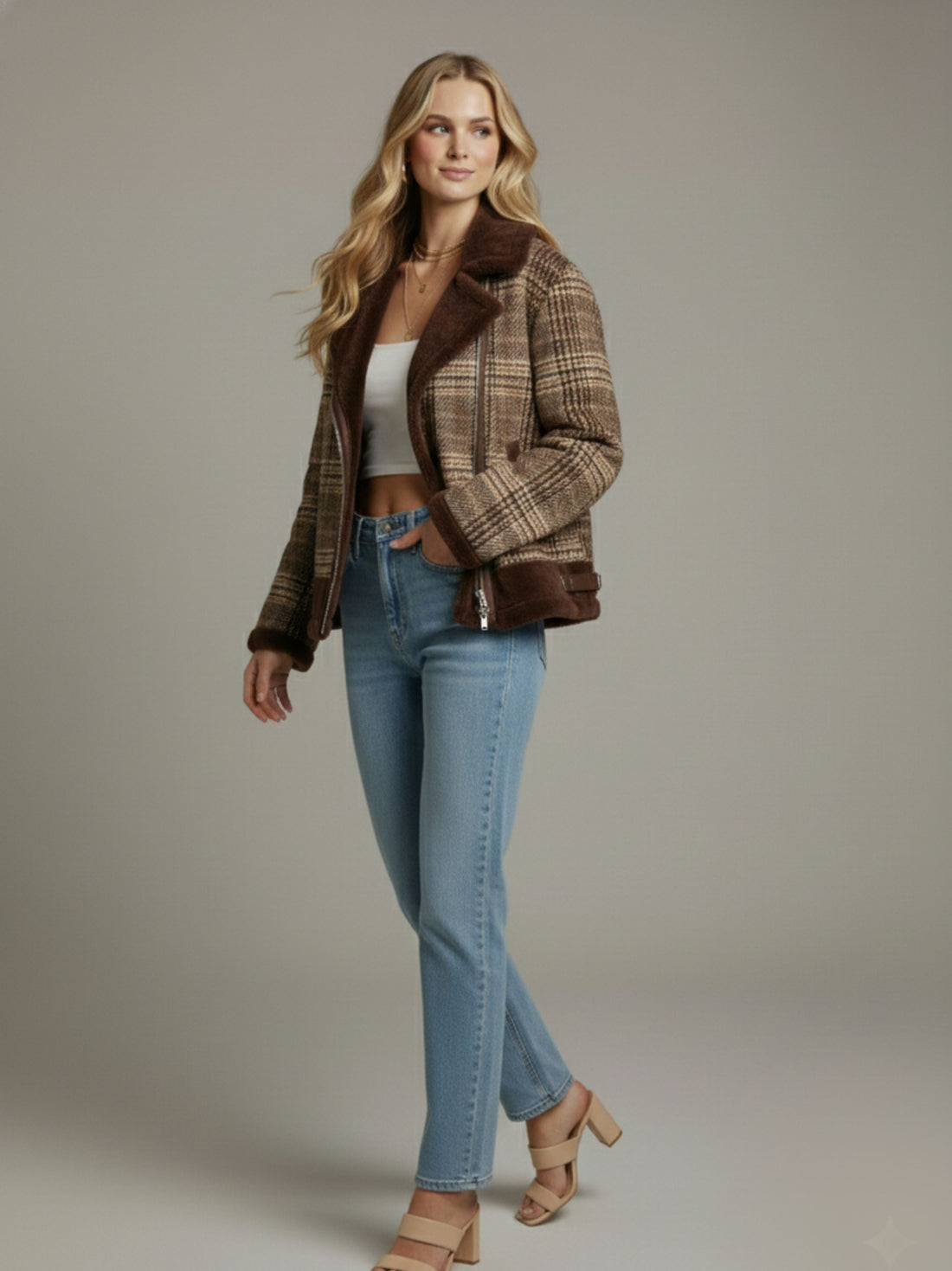 Elodie Brown Plaid Lapel Jacket
