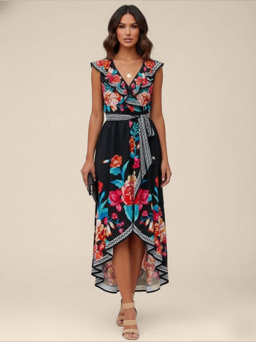 Border Trim Floral Wrap Dress