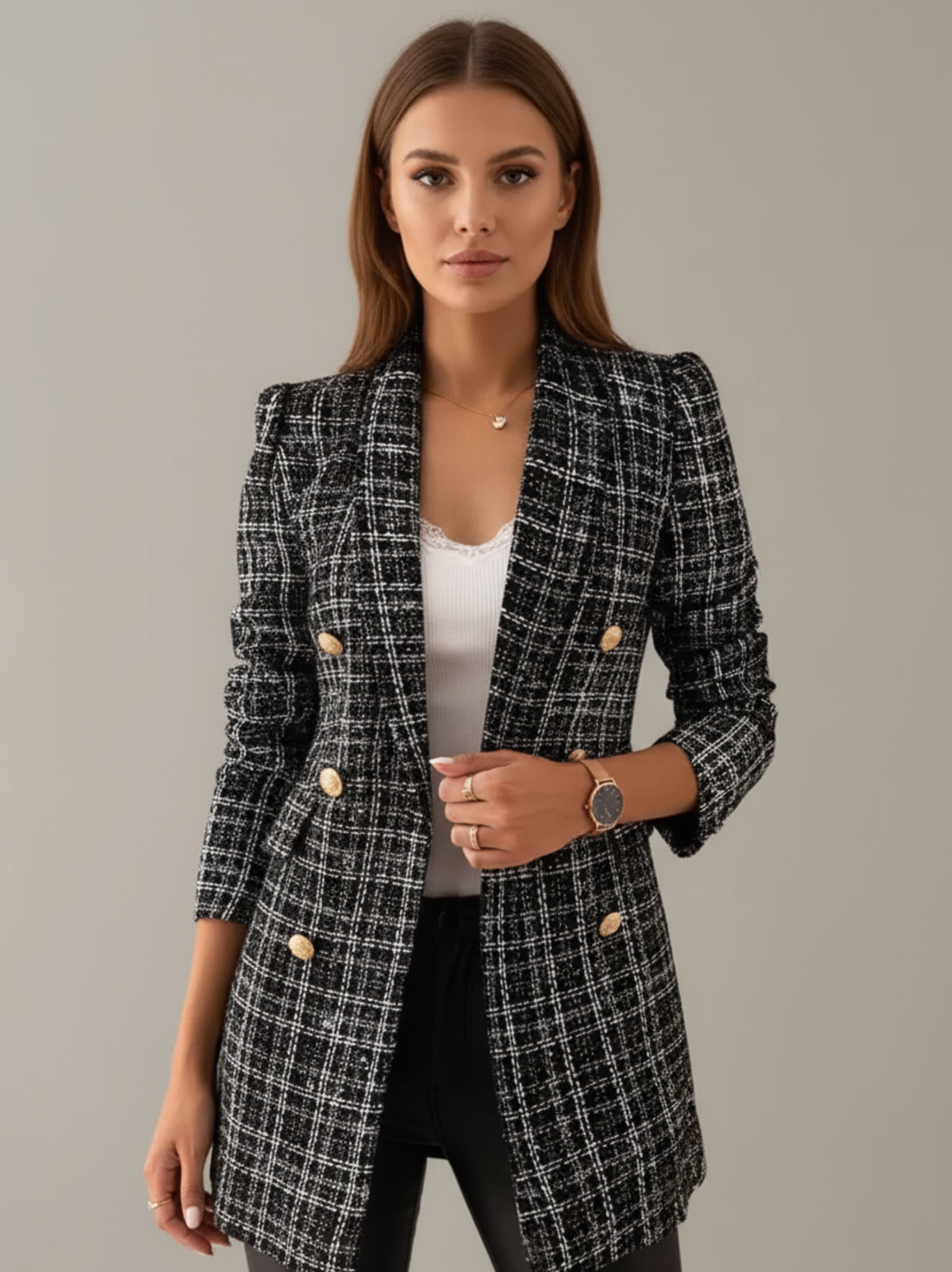 Textured Tweed Long Blazer