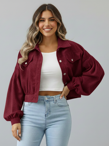 Balloon Sleeve Cropped Corduroy Jacket