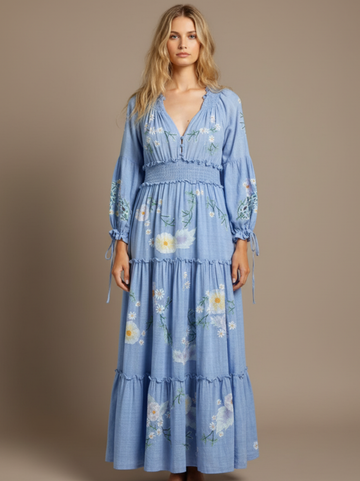 Tiered Embroidered Boho Maxi Dress