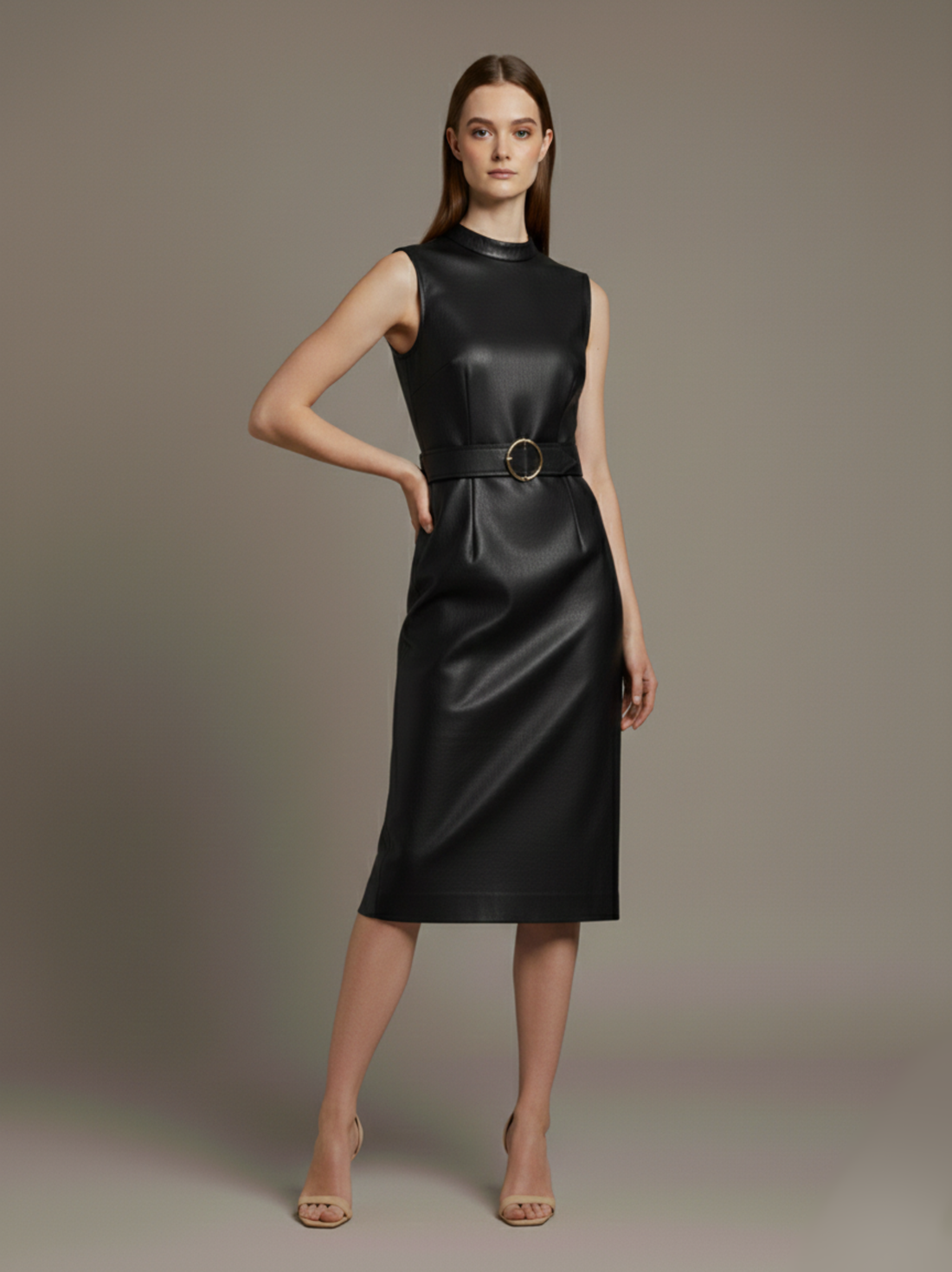 Sienna Metal-Buckle PU Leather Wrap Dress
