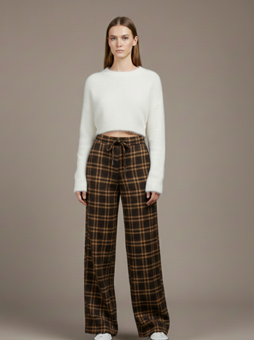 High Waist Straight Leg Plaid Trousers