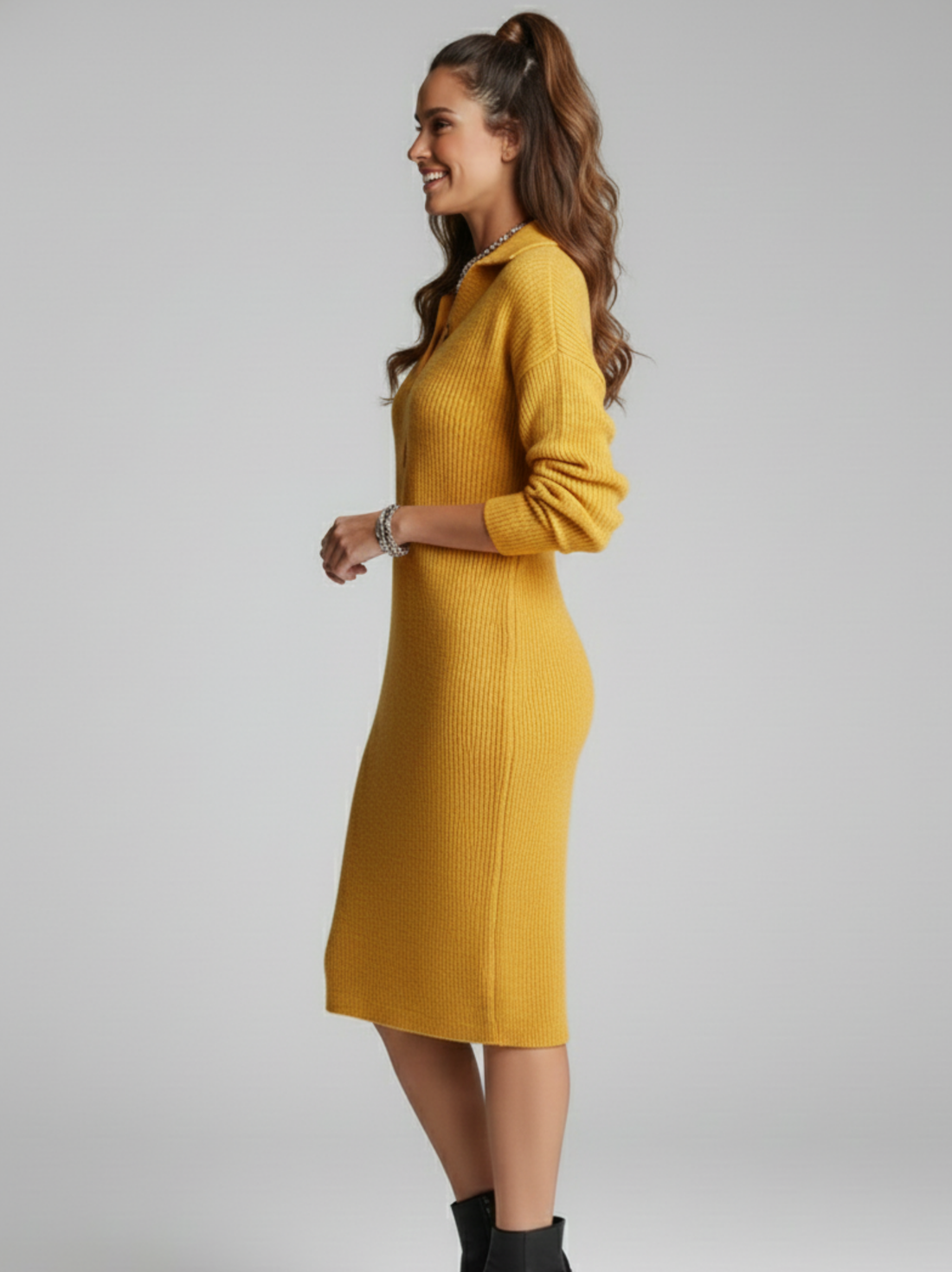 Callista Lapel Knit Button Sweater Dress