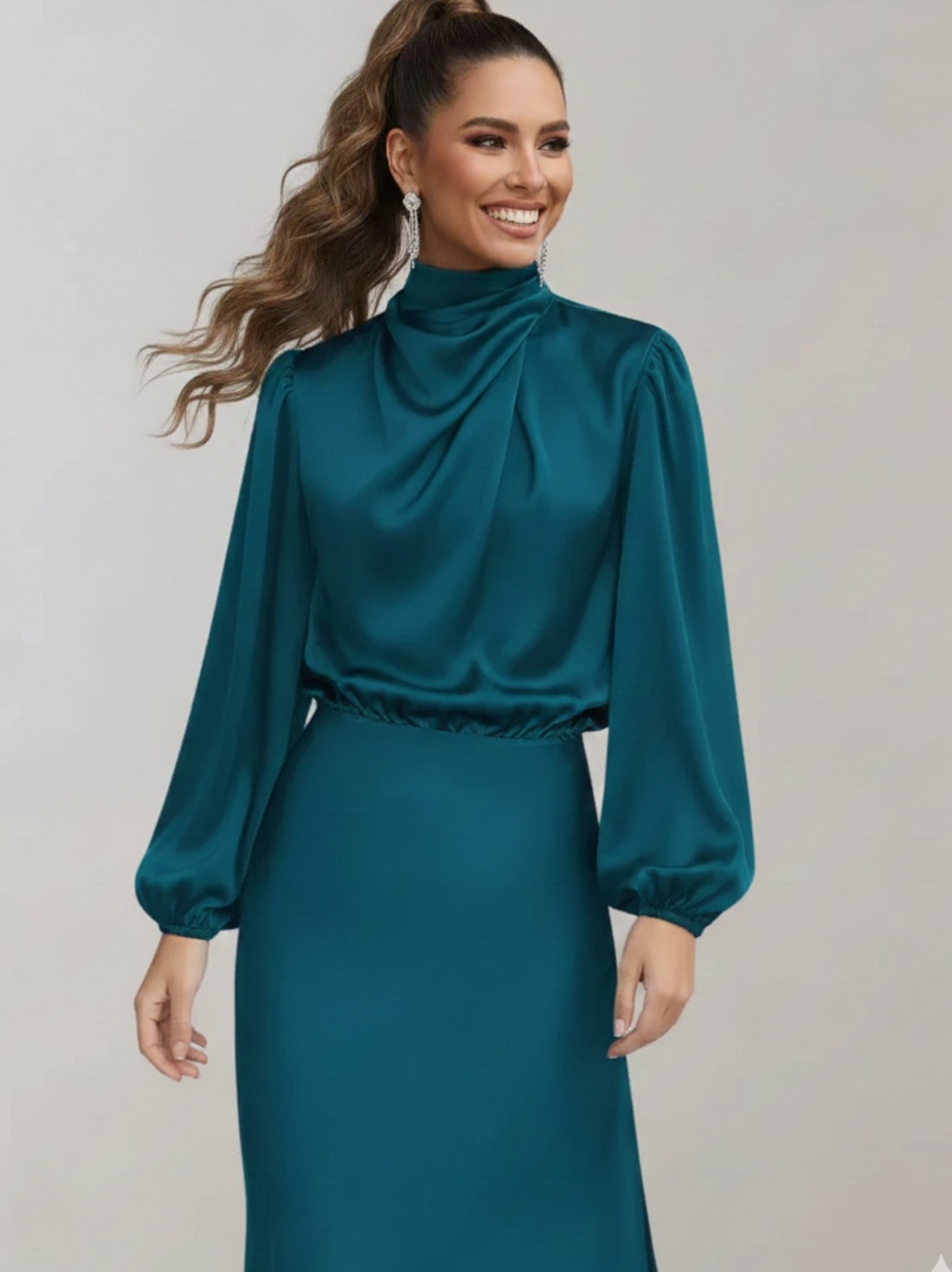 High Neck Satin Midi Dress