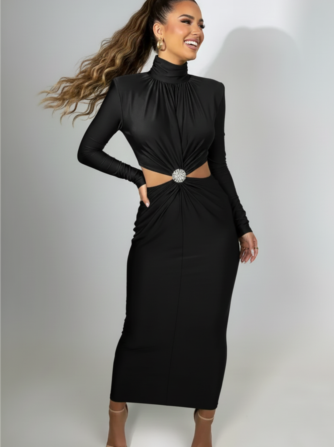 Marzia Hollow-Out Turtleneck Maxi Dress