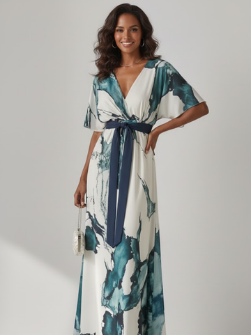 Freeacy Watercolor V-Neck Maxi Dress