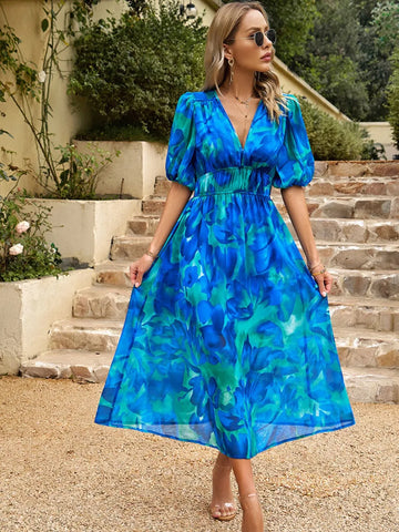 Puff Sleeve Watercolor Midi Dress