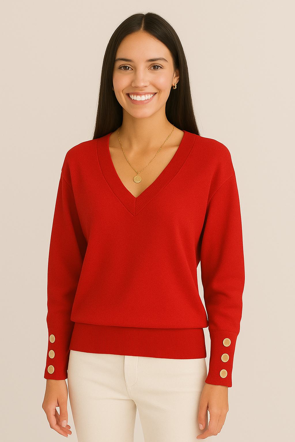 Jewel V-neck Long Sleeve Pullover