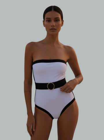 Contrast Belted Strapless Swimsuit