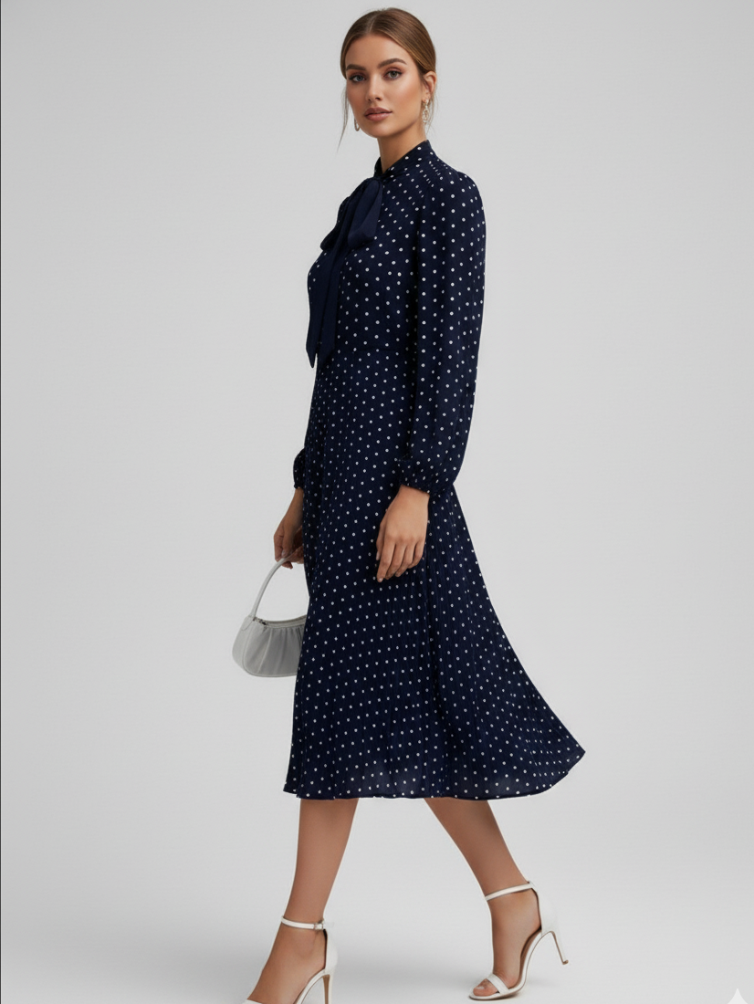 Polka Dot Tie-Neck Midi Dress