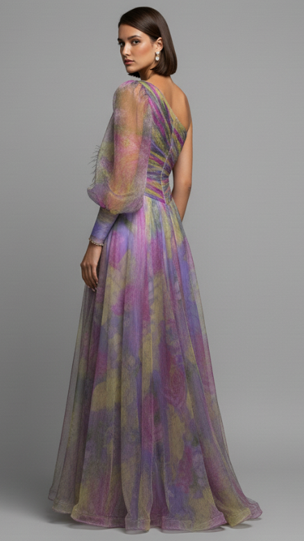 One-Shoulder Floral Tulle Gown