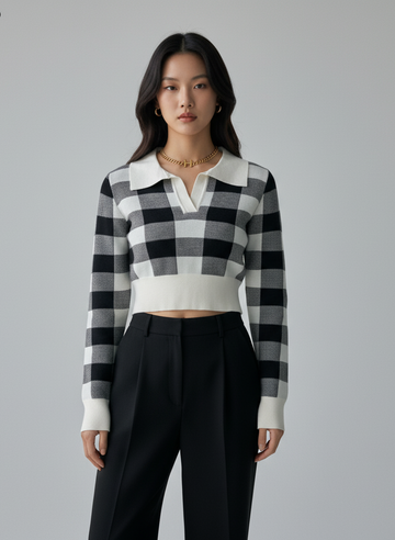 Cropped Plaid Pattern Knit Pullover