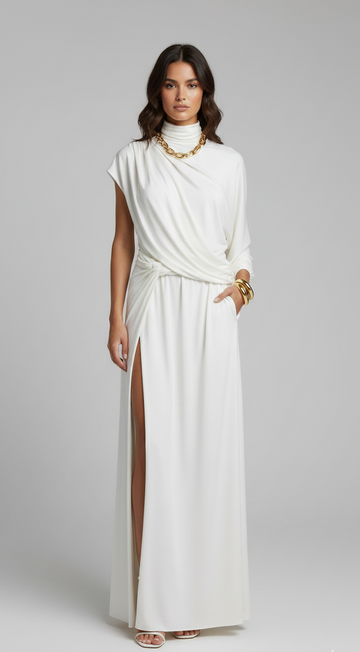 Rivelle High-Collar Hollow-Out Pleated Skirt Set