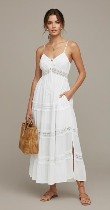 Tiered Lace Strap Midi Dress
