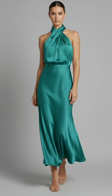Draped Halter Satin Midi Dress