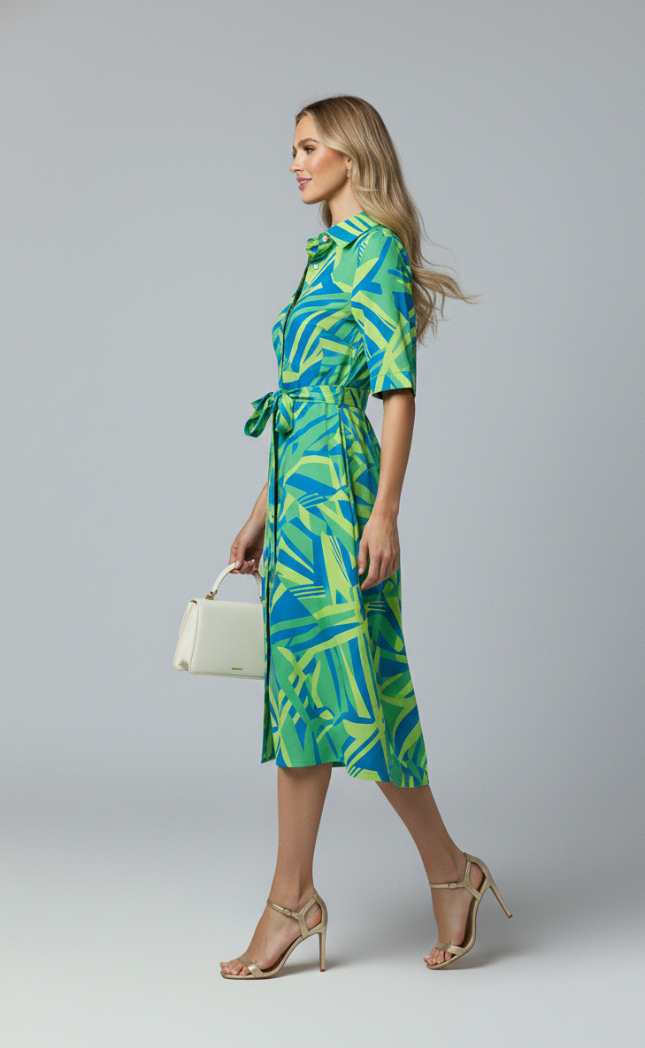 Abstract Belted Shirt Dress
