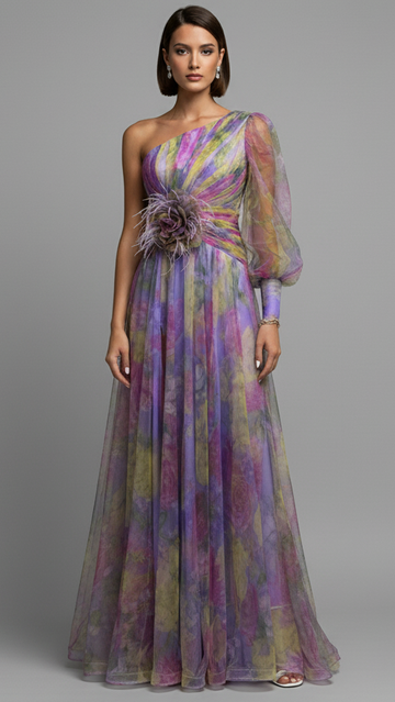One-Shoulder Floral Tulle Gown