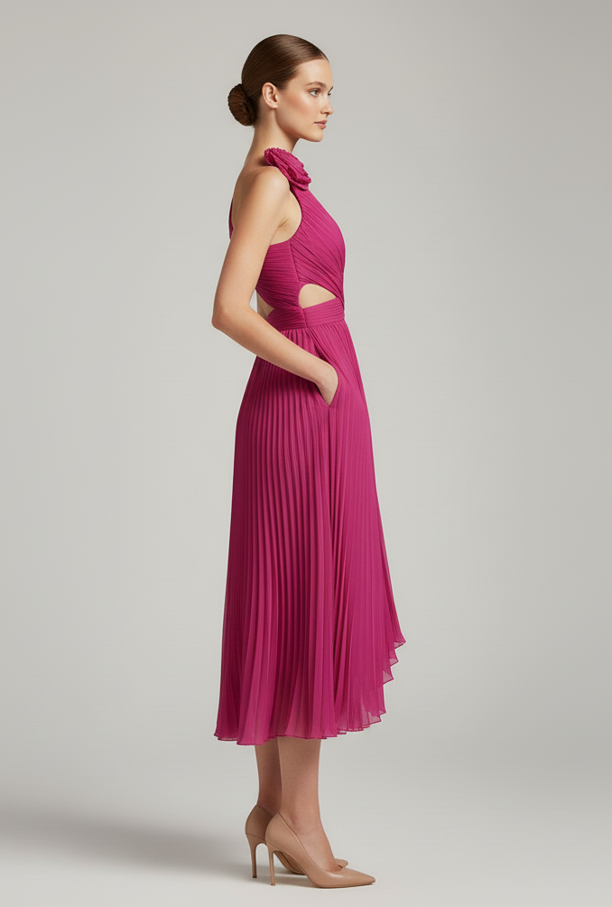 Pleated One-Shoulder Midi Dress