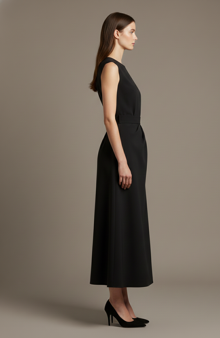 Henley High-Waist Pleated Midi Dress