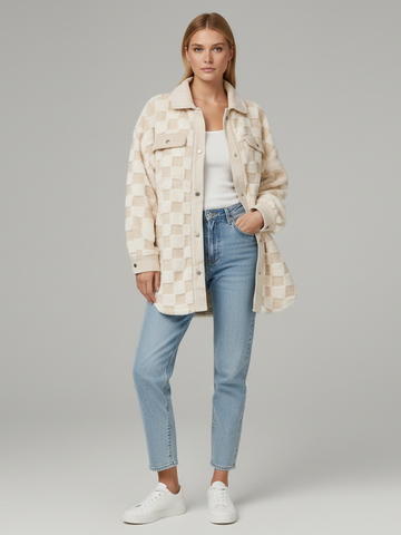 Cream Checkered Fleece Jacket