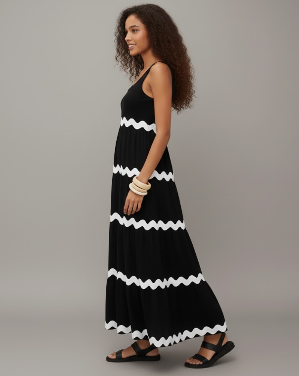 Wave Trim Tiered Maxi Dress