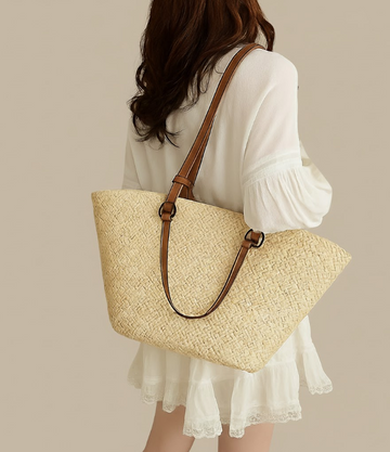 Woven Straw Tote with Contrast Straps