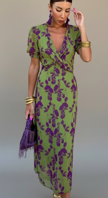 V-Neck Puff Sleeve Midi Dress