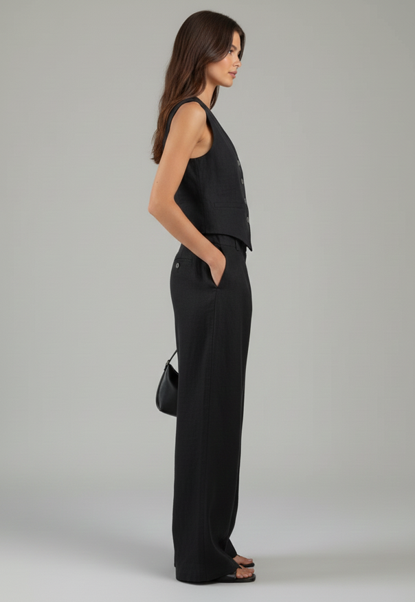 Sleeveless Linen Vest and High-Waisted Trousers Set