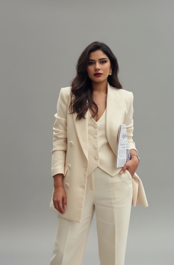 Linen Blazer, Vest and Wide Leg Trousers Set