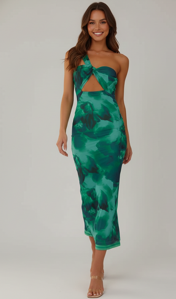 Asymmetric Strap Waterprint Midi Dress
