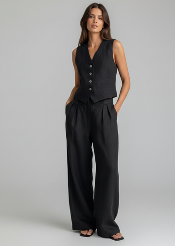 Sleeveless Linen Vest and High-Waisted Trousers Set