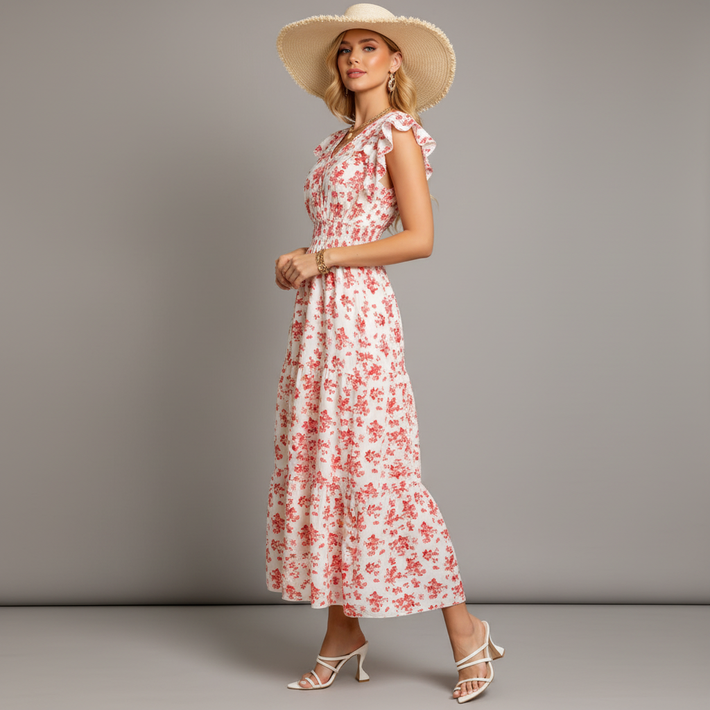 Ruffle Sleeve Shirred Garden Dress