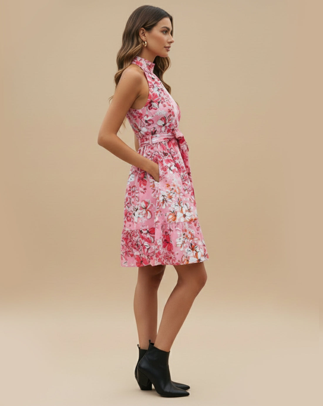 High Neck Floral Flare Mini
